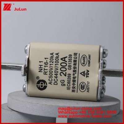 NH1 RT16-1 200A AC500V 120KA DC 440V 100KA Automóvel Cerâmica Auto Fuses Montar lâmina Para veículo EV / HEV Pequeno tamanho Alta proteção de curto-circuito de corrente nominal