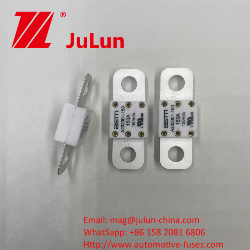 Fusíveis automotivos de cerâmica ASTM A202001-200A 150VDC para sistema de tração EV Material de prata 20KA Capacidade de ruptura 16-20KA 400A 500A